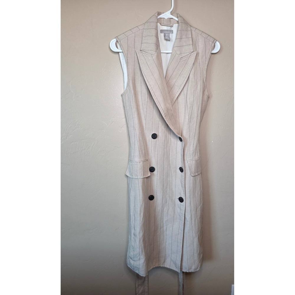 H&M Women's Sleeveless Dress Beige Pinstripe Linen Blend S